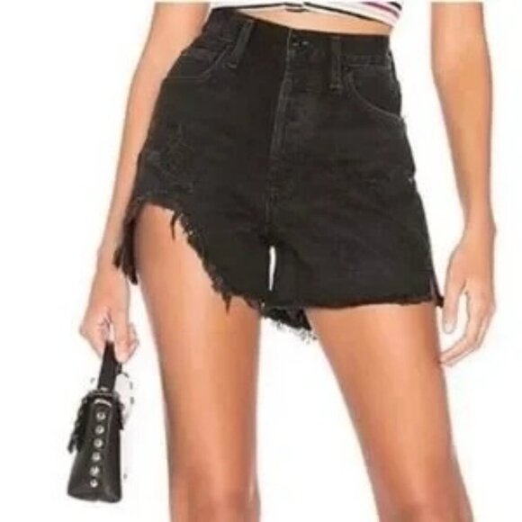AGOLDE Dee Black Distressed High Waist Denim Shorts - Picture 1 of 7
